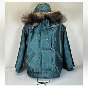 Innovations by IZZI Jacket Womens Medium Green Hooded Fox Fur Trim Toggle Parka